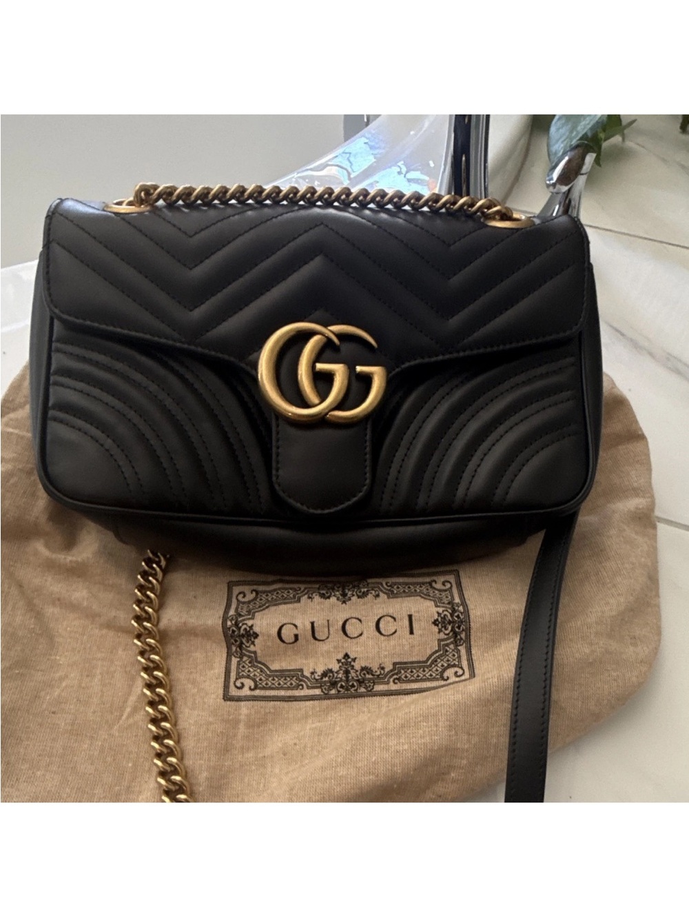 Gucci Black Chevron Quilted GG Marmont Shoulder Bag with Gold Hardware